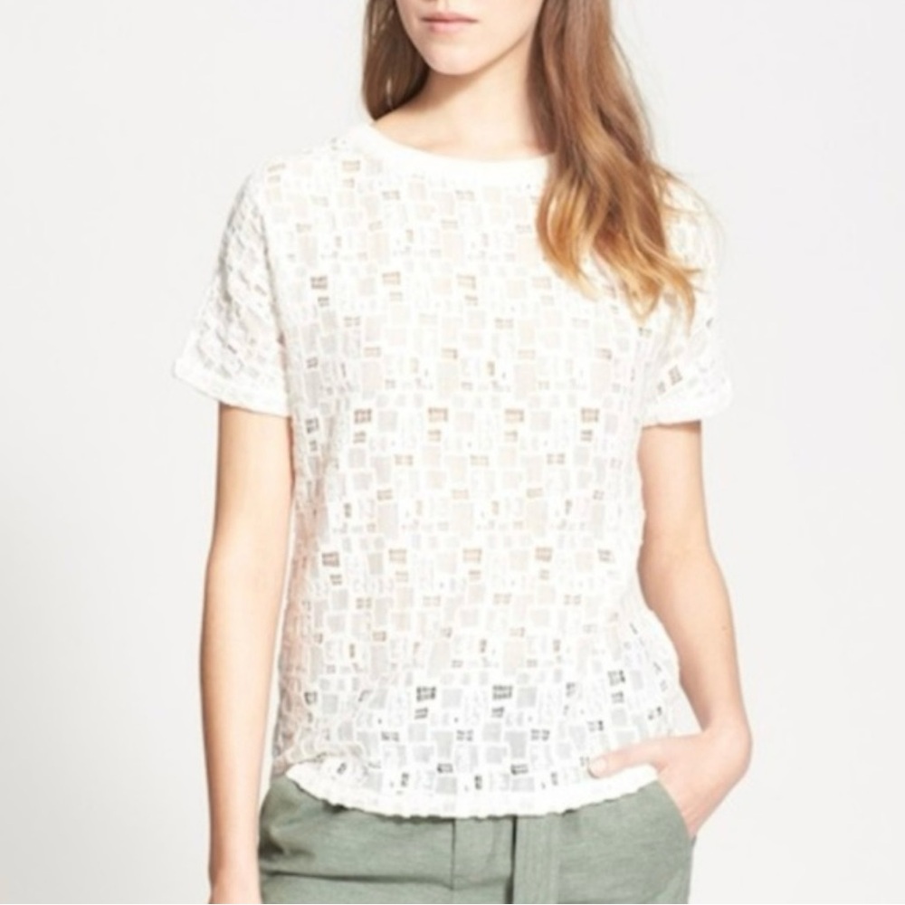 Vince Short Sleeve Gauze Textured Knit Top White Size XXS